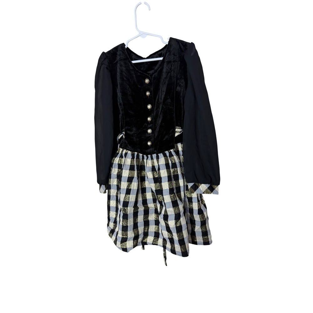Vintage Swat Girls Black Velvet Gold Metallic Gingham Holiday Dress 6X 90s Party
